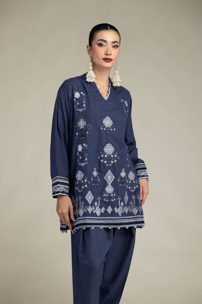 Embroidered | Raw Silk | Floral V-Neck Kurta | USD 55.00