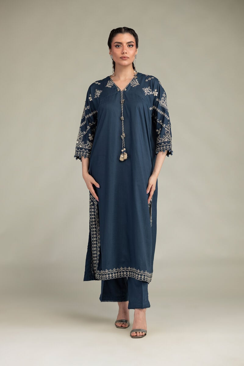 Embroidered | Raw Silk | V-Neck Longline Kurta | USD 70.00