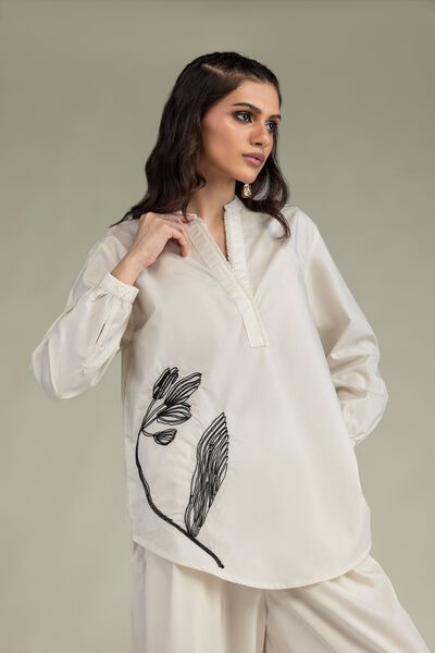 Embroidered | Poplin | Floral Band-Collar Shirt | USD 35.00