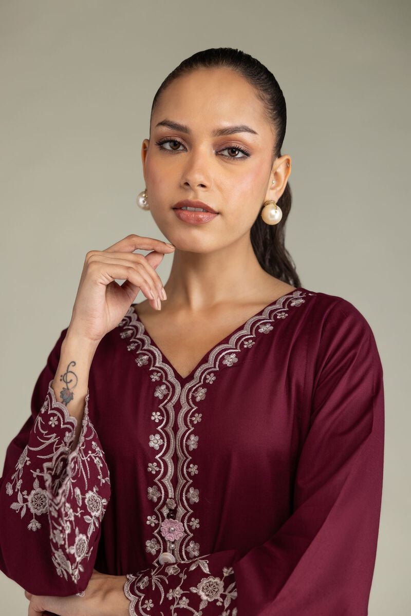 Embroidered | Cambric | Maroon Cambric Kurta | USD 40.00
