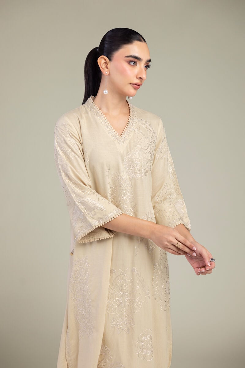 Embroidered | Raw Silk | Floral V-Neck Kurta | USD 60.00