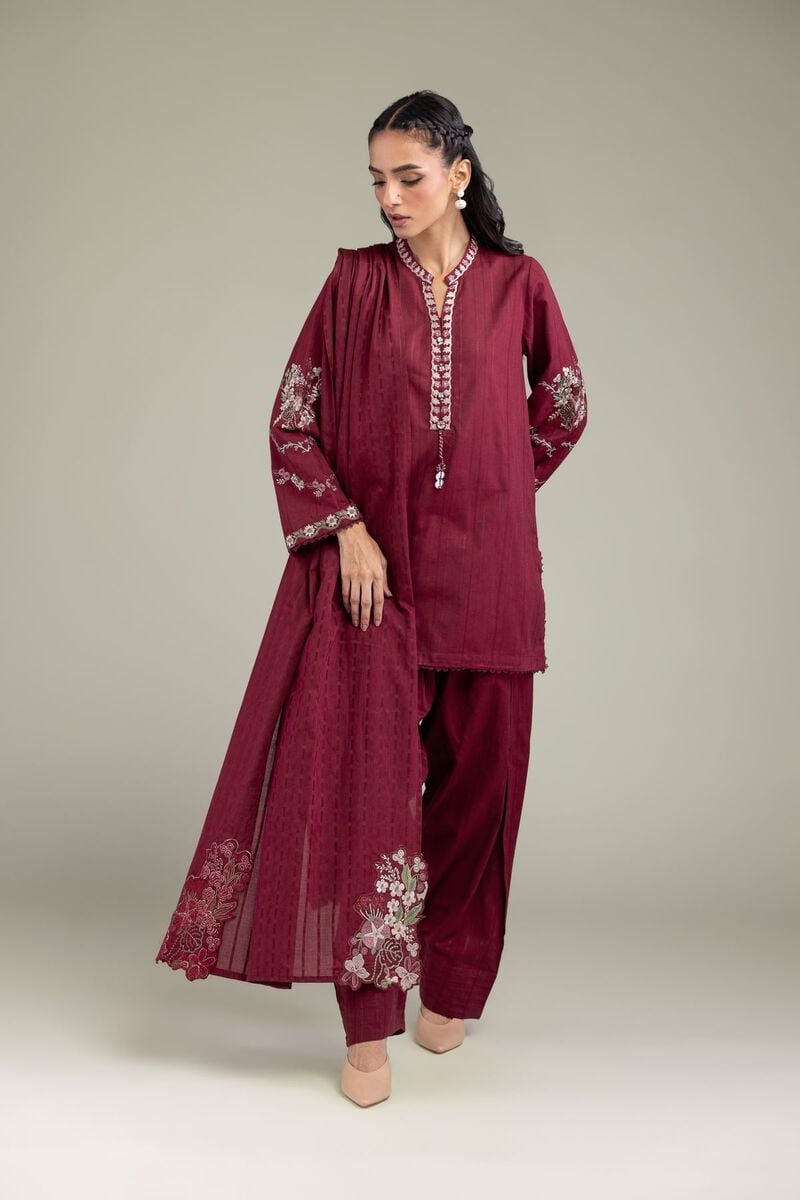 Embroidered | Textured Cotton | Floral Maroon Dupatta | USD 35.00