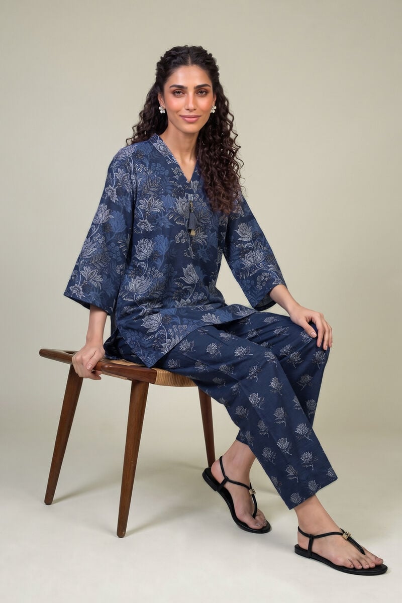 Printed | Light Khaddar | Floral Navy Kurta | USD 35.00