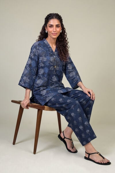 Printed | Light Khaddar | Floral Navy Kurta | USD 35.00