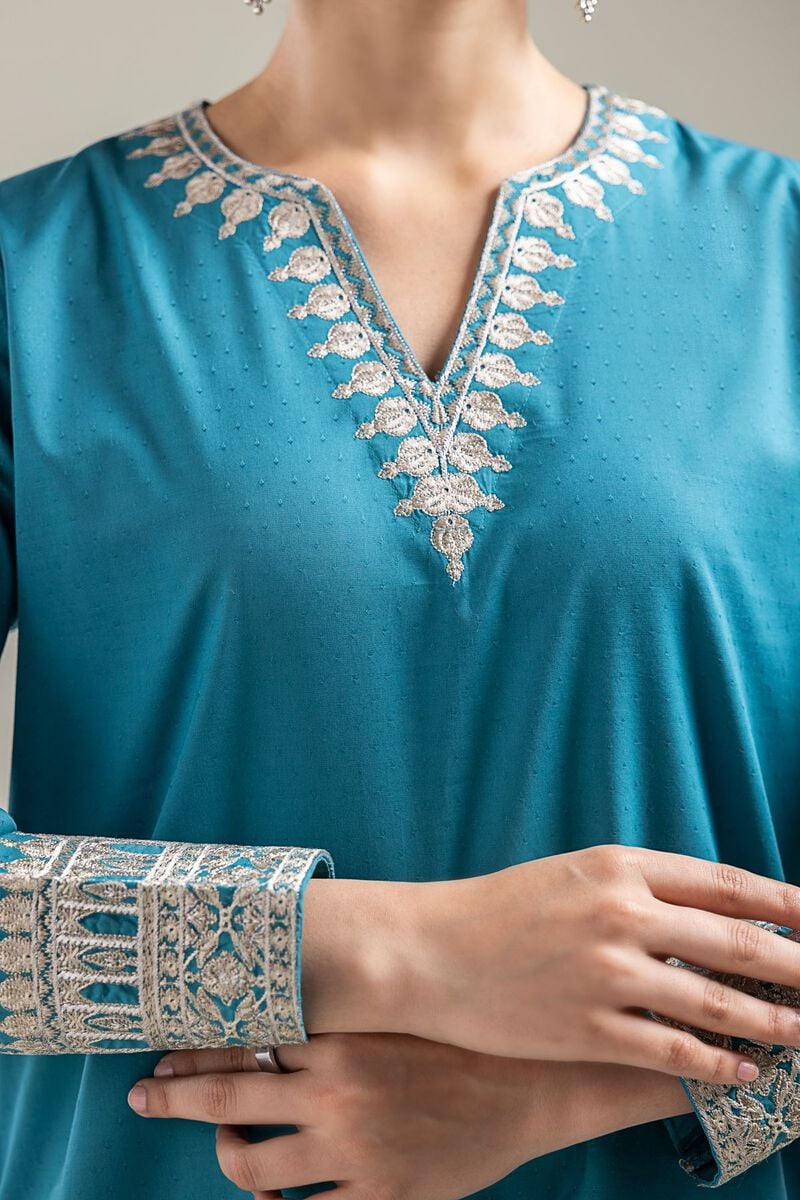 Embroidered |Cotton Dobby | Teal Cotton Kurta | USD 40.00