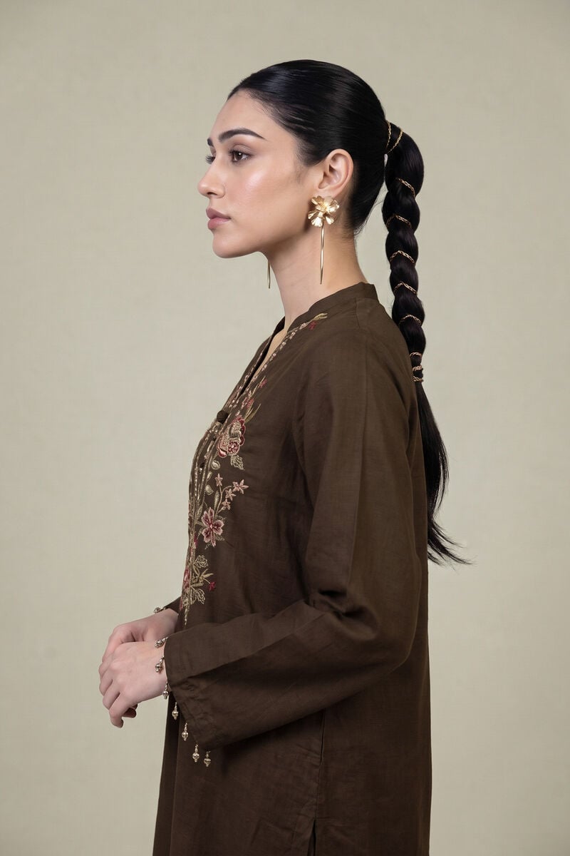 Embroidered | Raw Silk | Long V-neck Kurta | USD 60.00