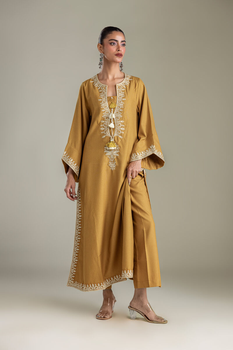 Embroidered | Heavy Blended Viscose | Solid Mustard Pants | USD 35.00