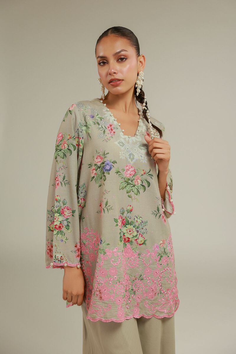 Embroidered | Raw Silk | Floral V-Neck Kurta | USD 55.00
