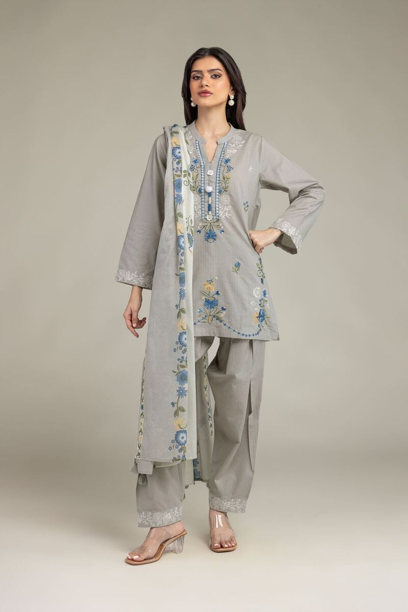 Embroidered | Cotton Net | Gray Floral Dupatta | USD 25.00