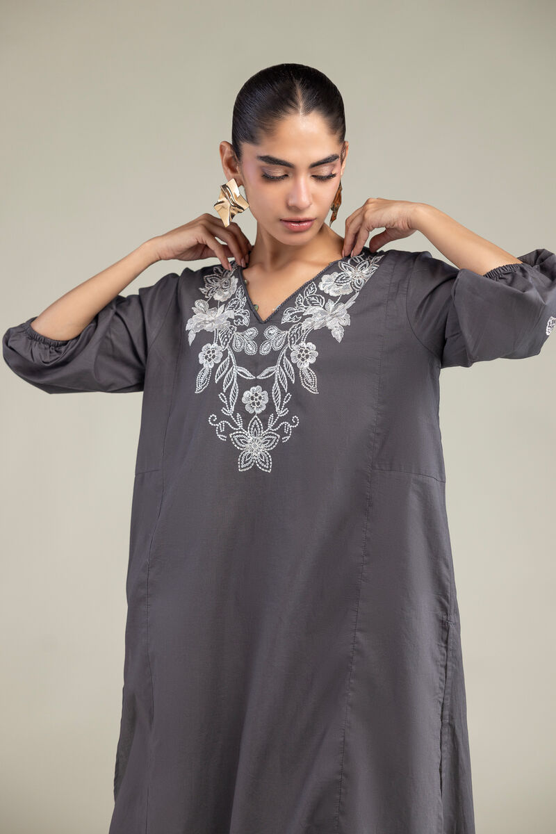 Embroidered | Cambric | Gray V-neck Kurta | USD 40.00