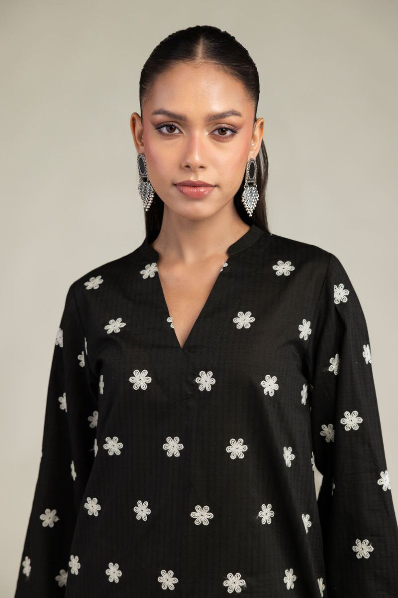Embroidered | Cotton Dobby | Black V-Neck Kurta | USD 40.00