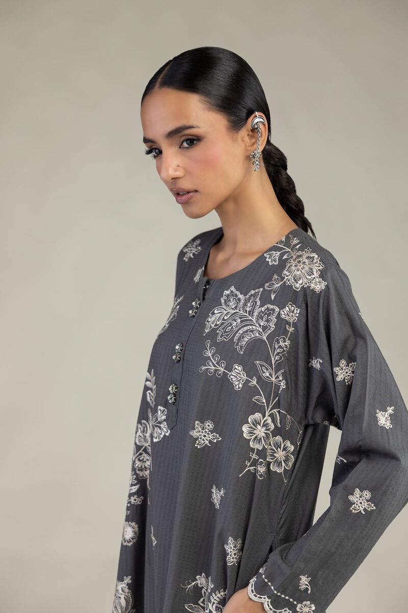 Embroidered | Cotton Dobby | Gray Longline Kurta | USD 55.00