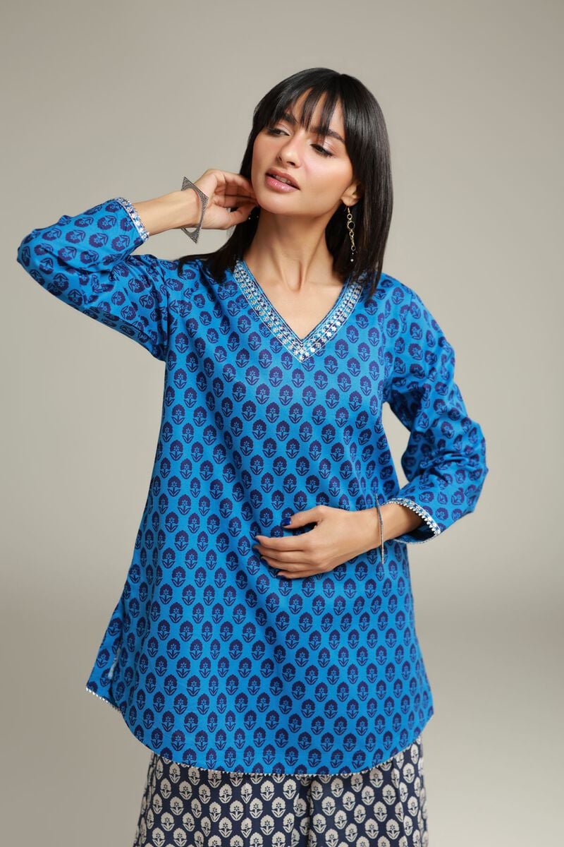 Embroidered | Cambric | Short Blue Kurta | USD 30.00