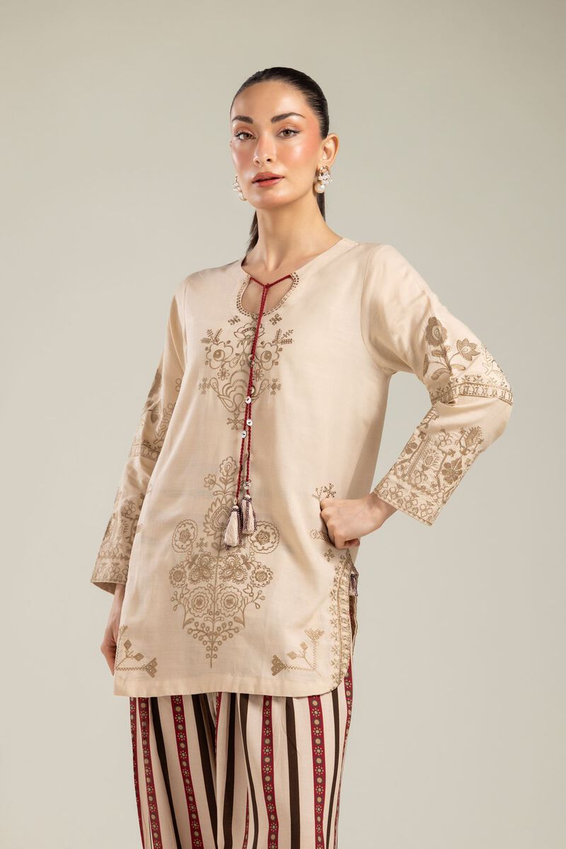 Embroidered | Raw Silk | Floral Beige Kurta | USD 55.00