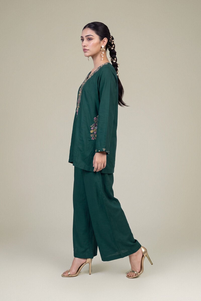 Embroidered | Raw Silk | Green Solid Pants | USD 35.00
