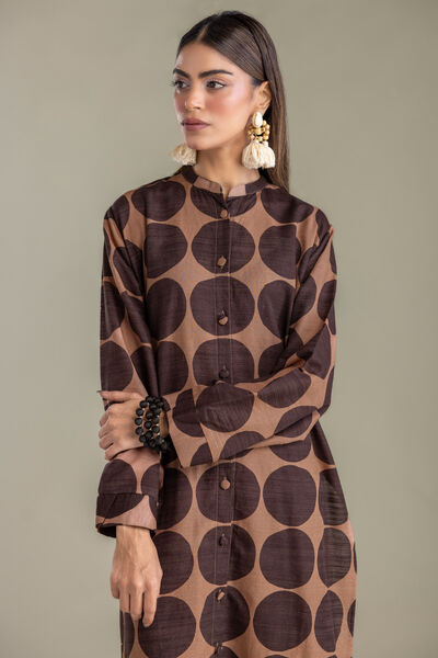 Printed | Light Khaddar | Brown Longline Kurta | USD 35.00