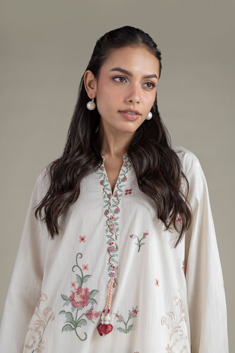 Embroidered | Textured Cambric | Floral V-Neck Kurta | USD 40.00
