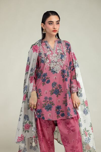 Embroidered | Raw Silk | Floral V-Neck Kurta | USD 40.00