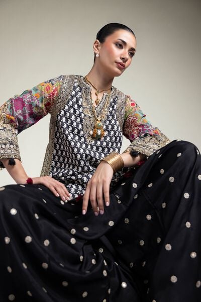 Embroidered | Raw Silk | Black 2-Piece Set | USD 125.00