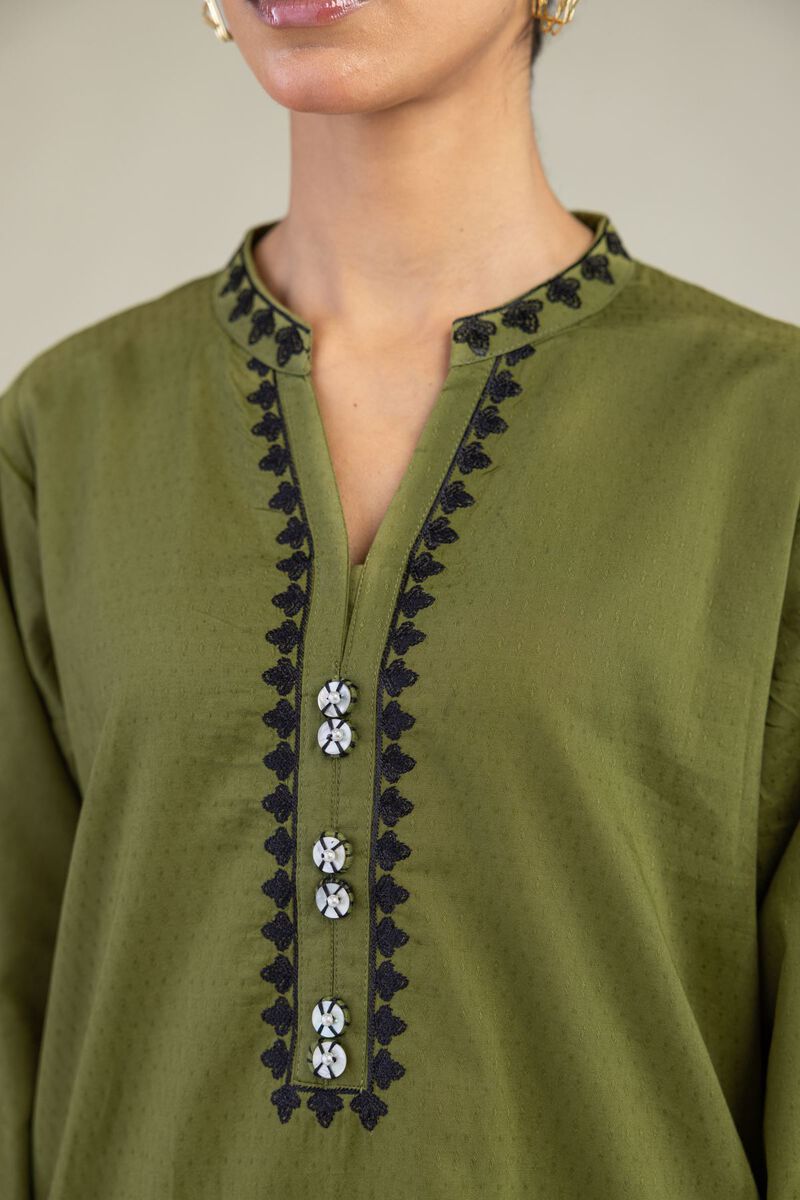 Embroidered | Cotton Dobby | Cotton Olive Kurta | USD 45.00