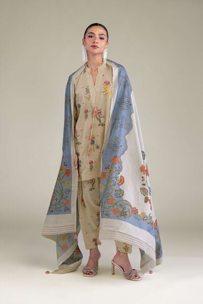 Embroidered | Raw Silk | Floral Beige Shalwar | USD 35.00