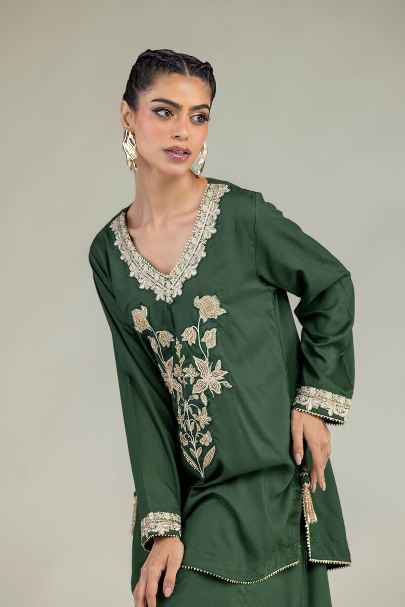 Embroidered | Raw Silk | Floral Green Kurta | USD 60.00