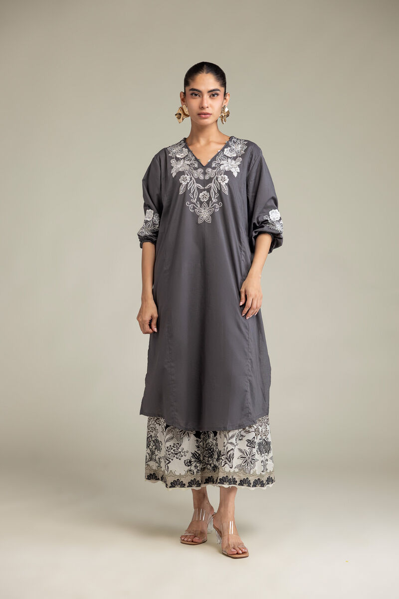 Embroidered | Cambric | Gray V-neck Kurta | USD 40.00