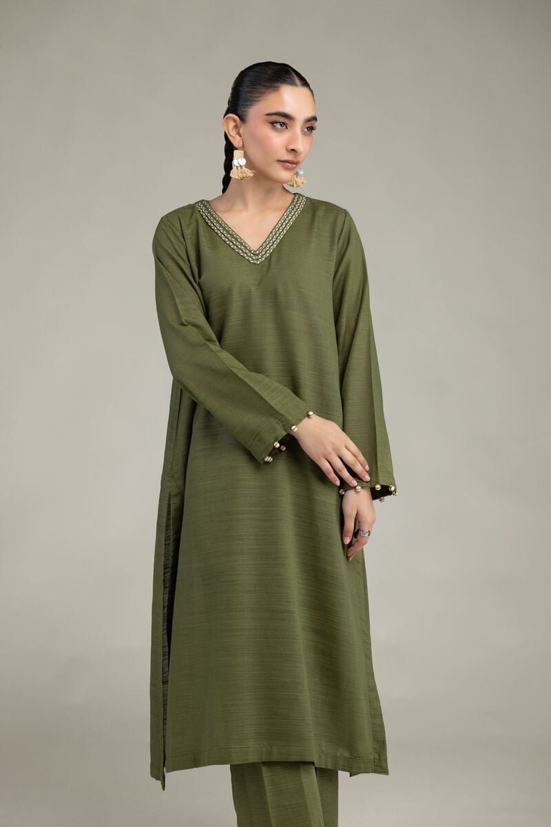 Dyed | Textured Cotton | Olive V-Neck Kurta | USD 35.00