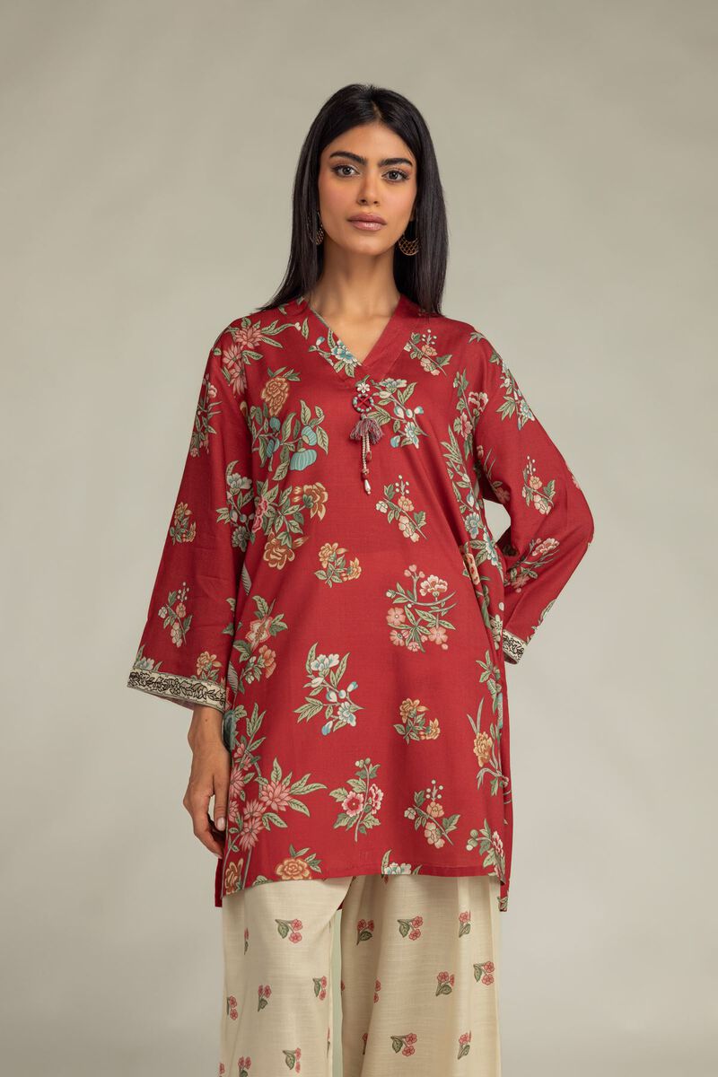 Printed | Raw Silk | Floral Red Kurta | USD 40.00