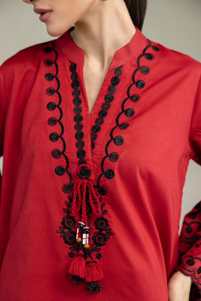 Embroidered | Cambric | Red Cambric Kurta | USD 55.00