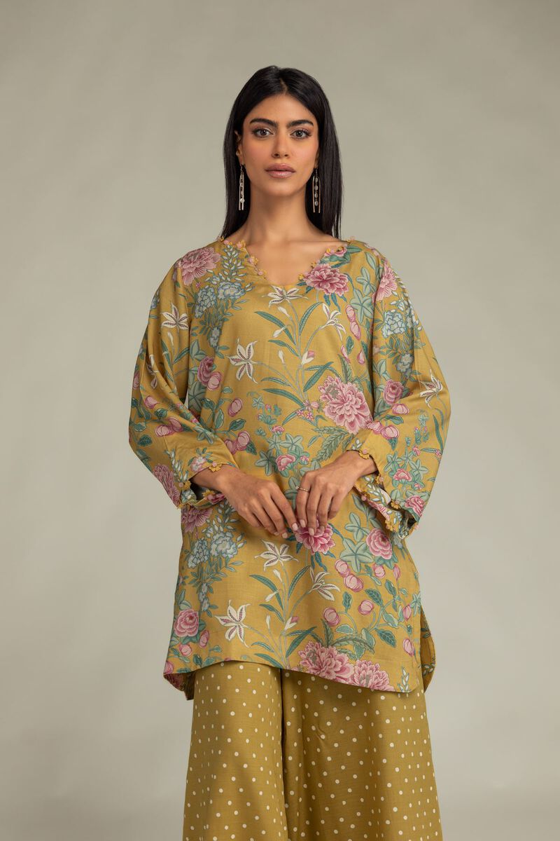 Printed | Raw Silk | Short Mustard Kurta | USD 40.00