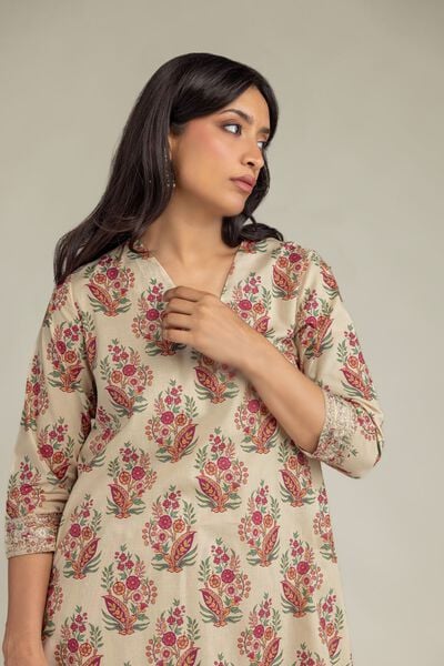 Embroidered | Cambric | Beige Cambric Kurta | USD 40.00