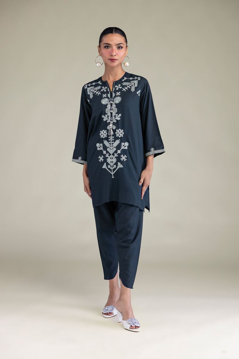 Embroidered | Raw Silk | Floral Navy Kurta | USD 20.00