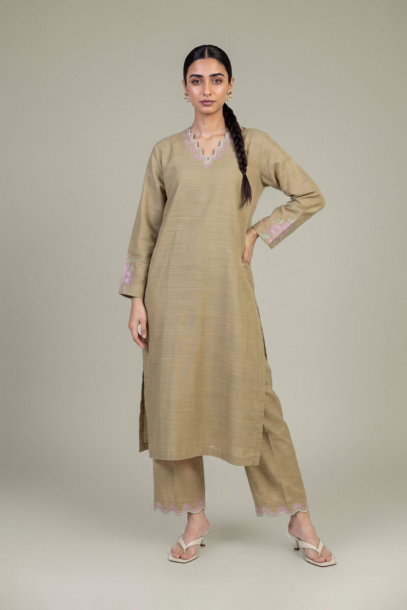 Embroidered | Light Khaddar | Longline Beige Kurta | USD 35.00