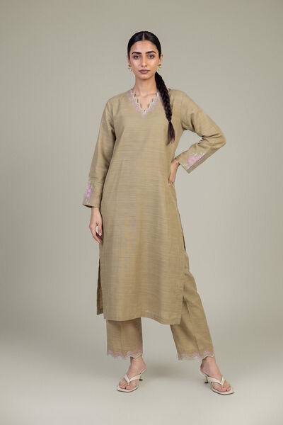 Embroidered | Light Khaddar | Longline Beige Kurta | USD 35.00