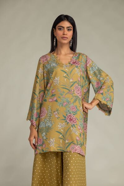 Printed | Raw Silk | Short Mustard Kurta | USD 40.00