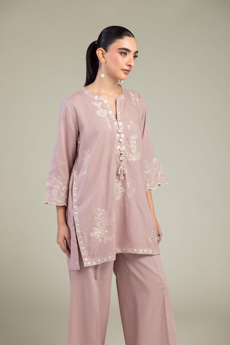 Embroidered | Raw Silk | V-Neck Pink Kurta | USD 55.00