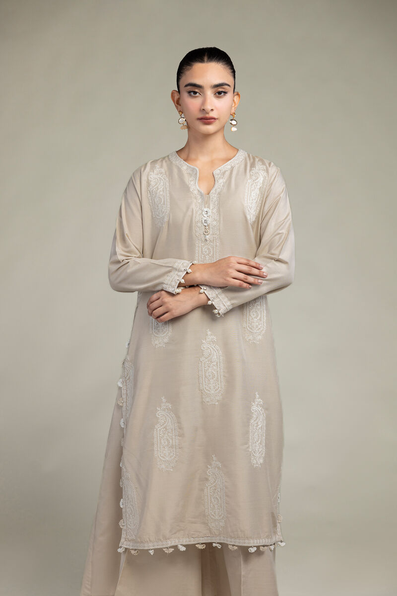 Raw Silk | Paisley Beige  Kurta | USD 70.00