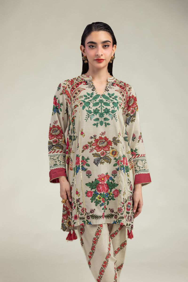 Embroidered | Raw Silk | Floral Beige Kurta  | USD 40.00