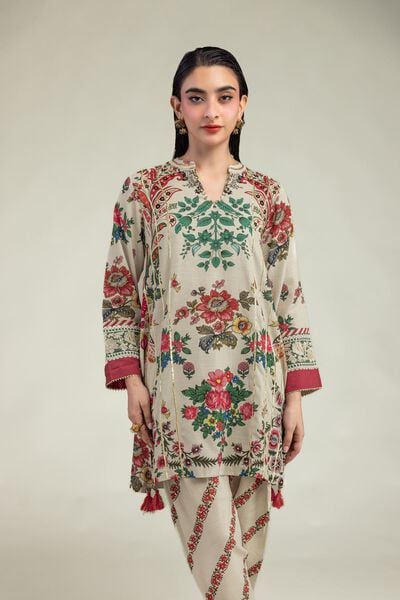 Embroidered | Raw Silk | Floral Beige Kurta  | USD 40.00