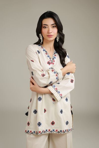 Embroidered | Cambric | Floral V-Neck Kurta | USD 40.00
