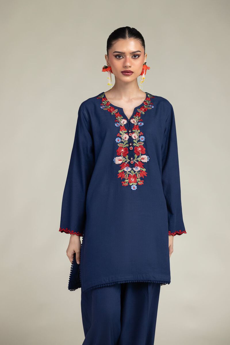 Embroidered | Raw Silk | Navy V-Neck Kurta | USD 40.00