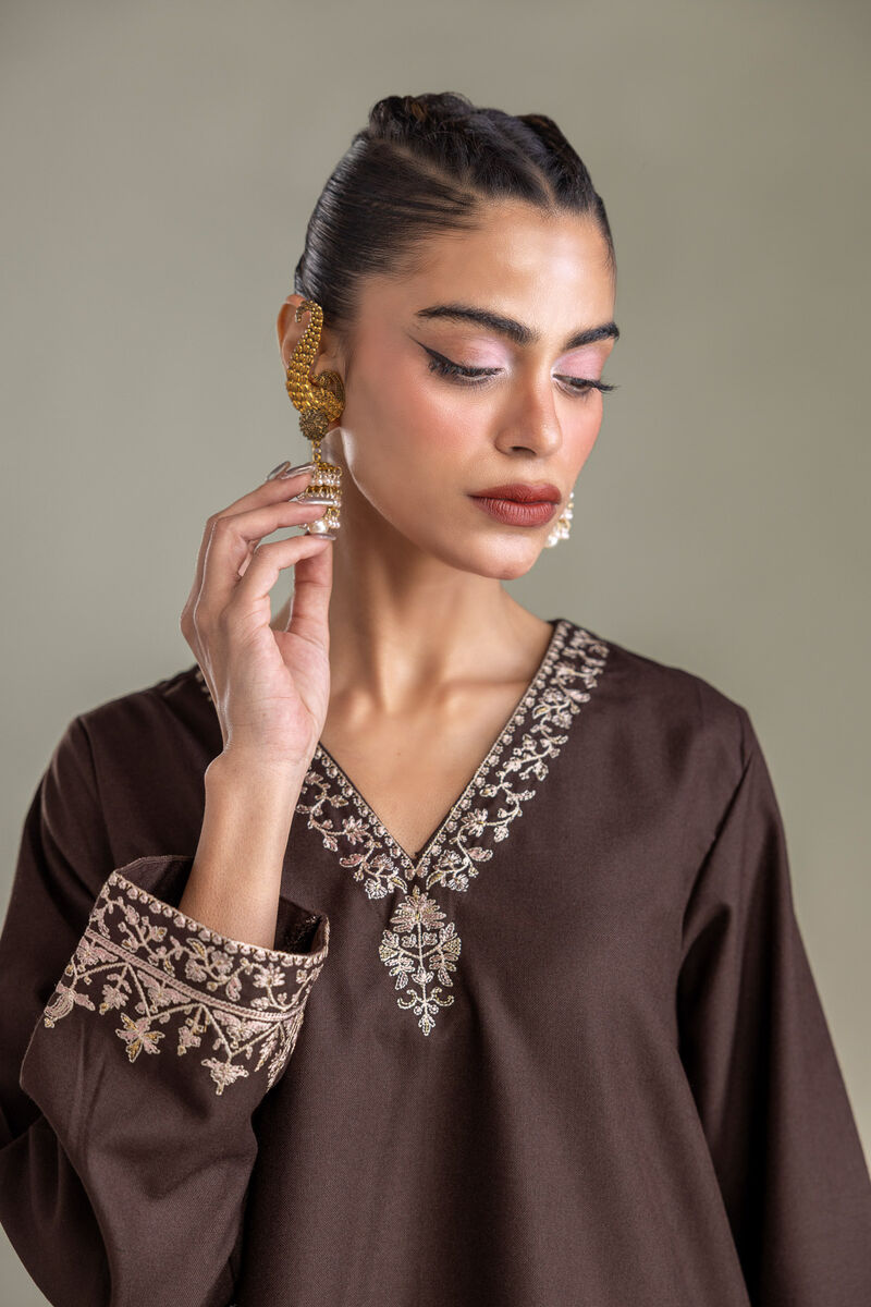 Embroidered | Heavy Blended Viscose | Brown V-neck Kurta | USD 60.00