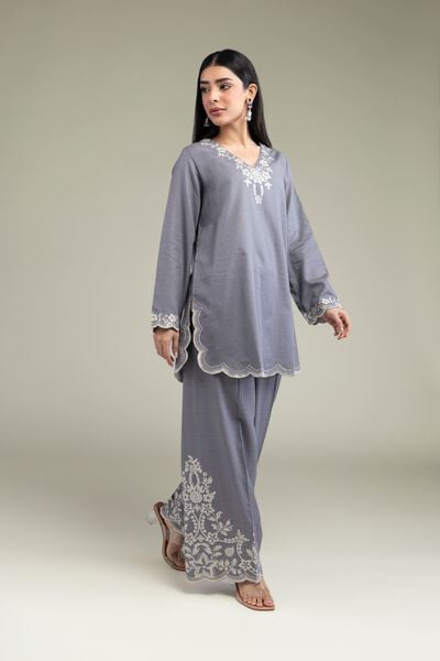 Embroidered | Cotton Dobby | Gray Floral Pants | USD 40.00