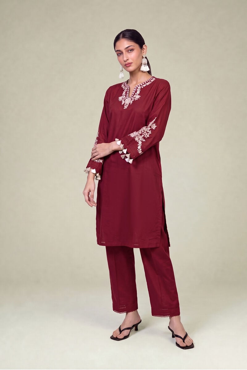 Embroidered | Cambric | Maroon V-Neck Kurta | USD 40.00