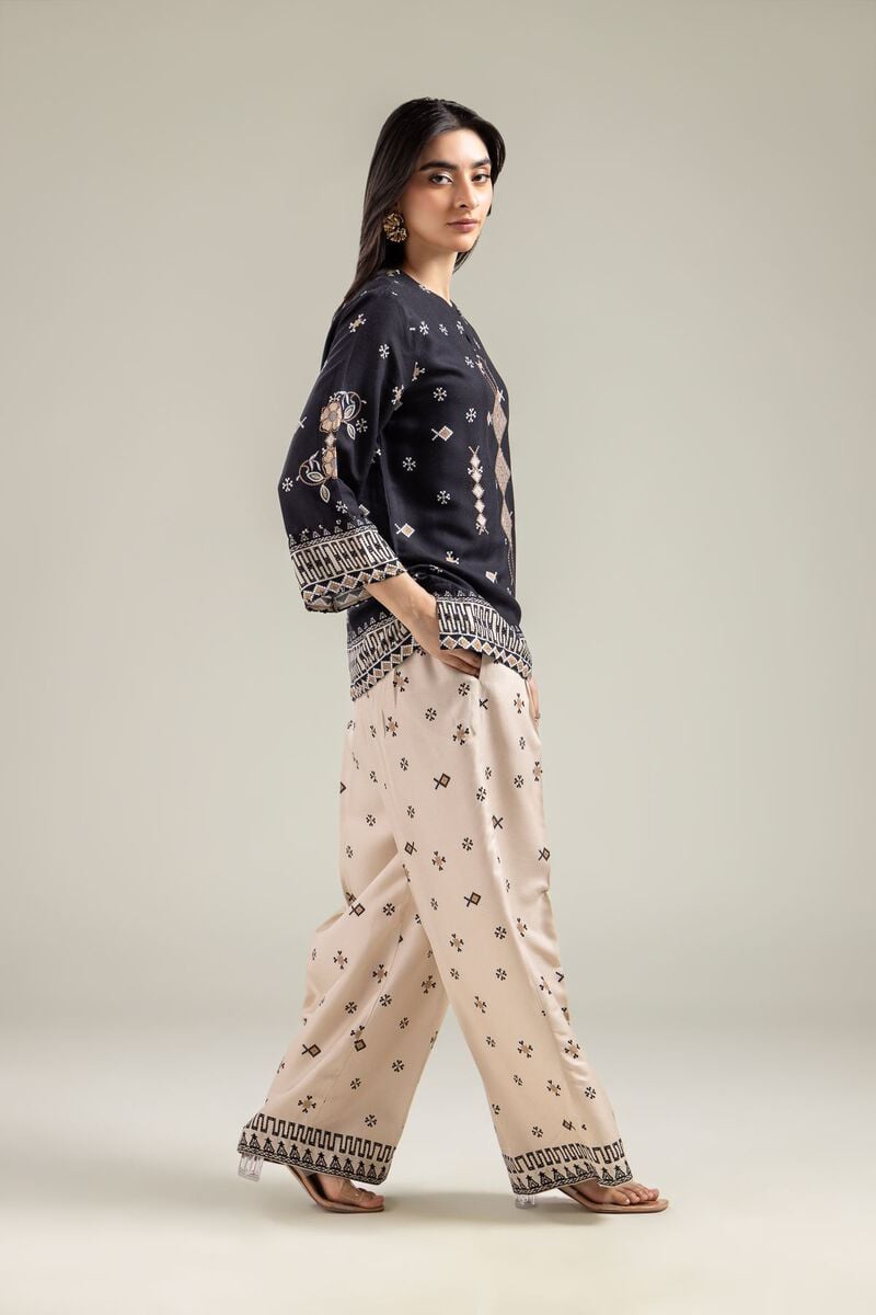 Embroidered | Viscose Crepe | Geometric Beige Trousers | USD 30.00