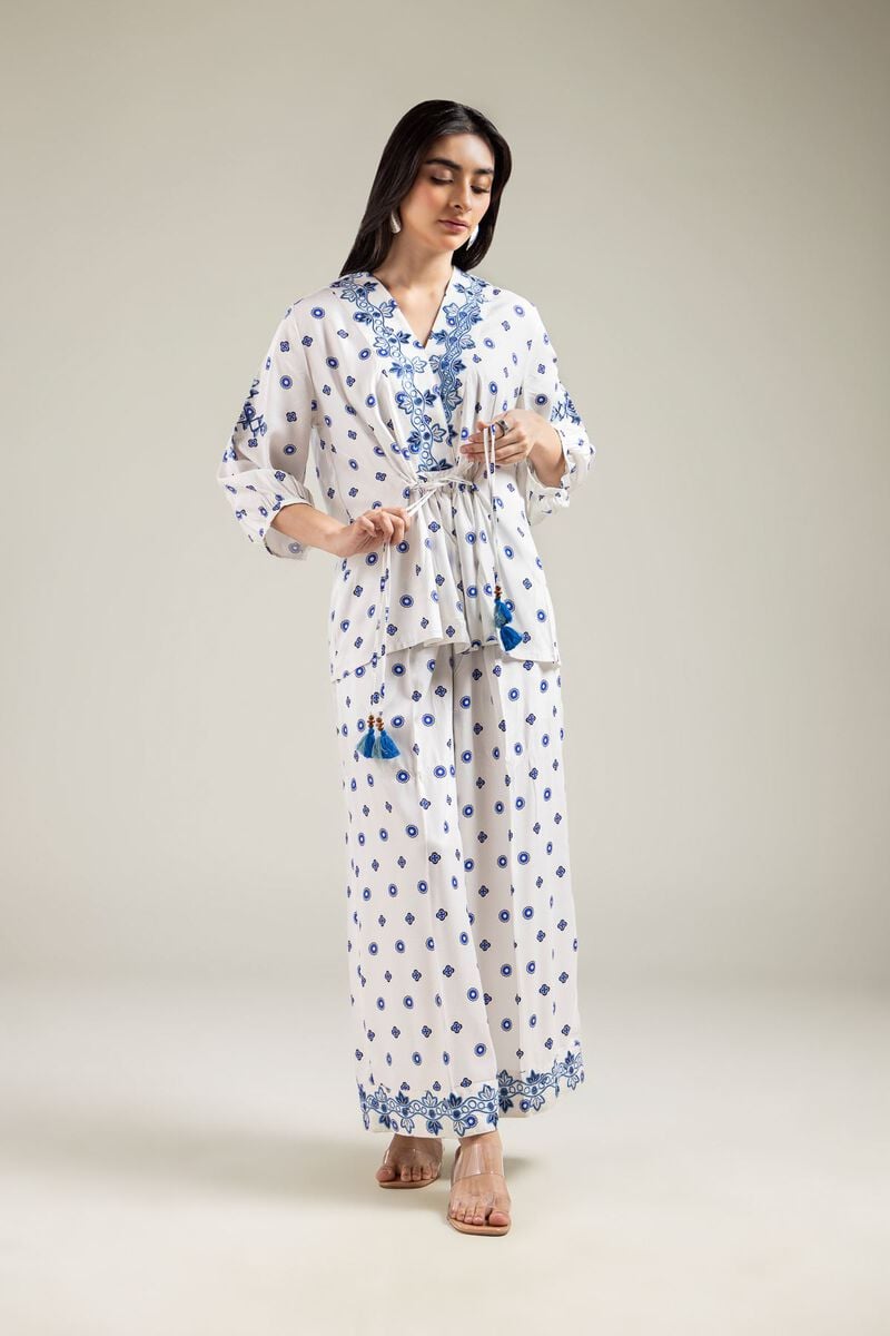 Embroidered | Viscose Crepe | Geometric White Trousers | USD 30.00