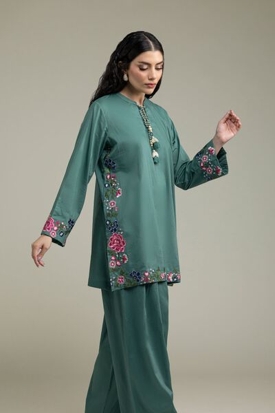 Embroidered | Cambric | Teal Floral Kurta | USD 40.00