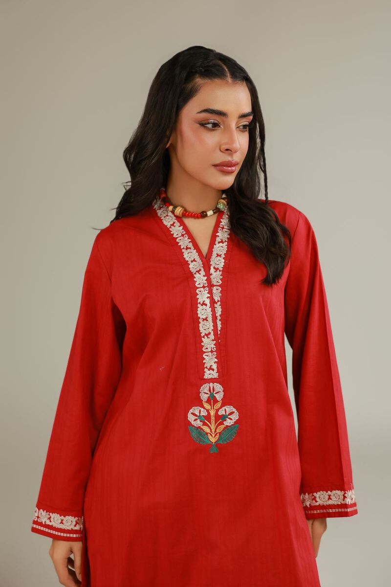 Embroidered | Cotton Dobby | Red Floral Kurta | USD 35.00