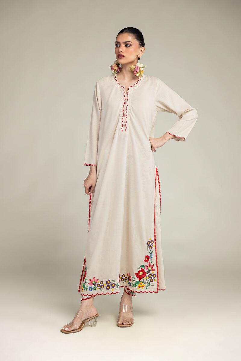 Embroidered | Raw Silk | Floral Scalloped Kurta | USD 45.00